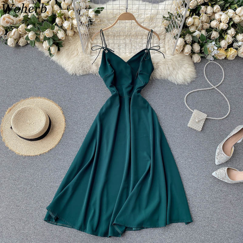 Women Sexy Backless Dress Korean V Neck Sleeveless A-line Dresses Off Shoulder Lace-up Vestidos Mujer Summer Elegant Robe 210519