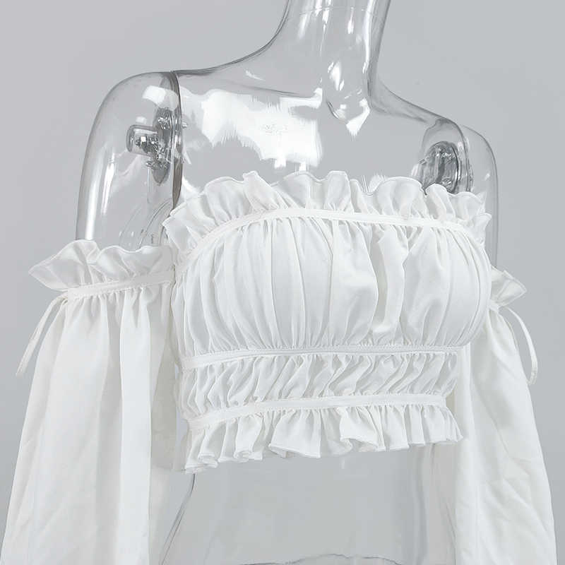 Colysmo White Ruched Blusas Women Sweet Off Shoulder Ruffles Butterfly Sleeve Vintage Tops Sexy Summer Chiffon Crop Top 210527