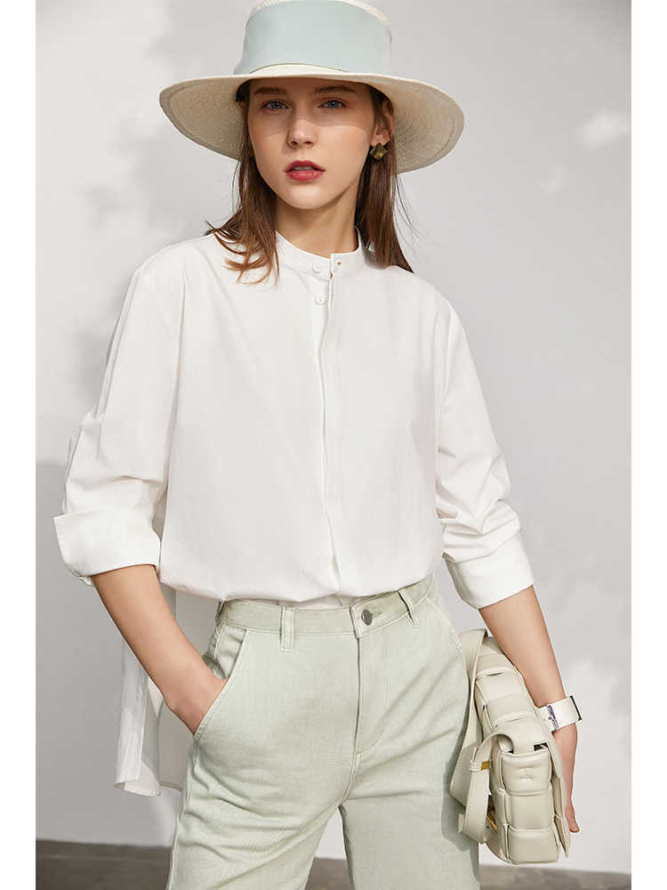 Minimalism Spring Women's Blouse Offical Lady 100%Cotton Solid Stand Collar Loose Female Tops Shirt 12130128 210527