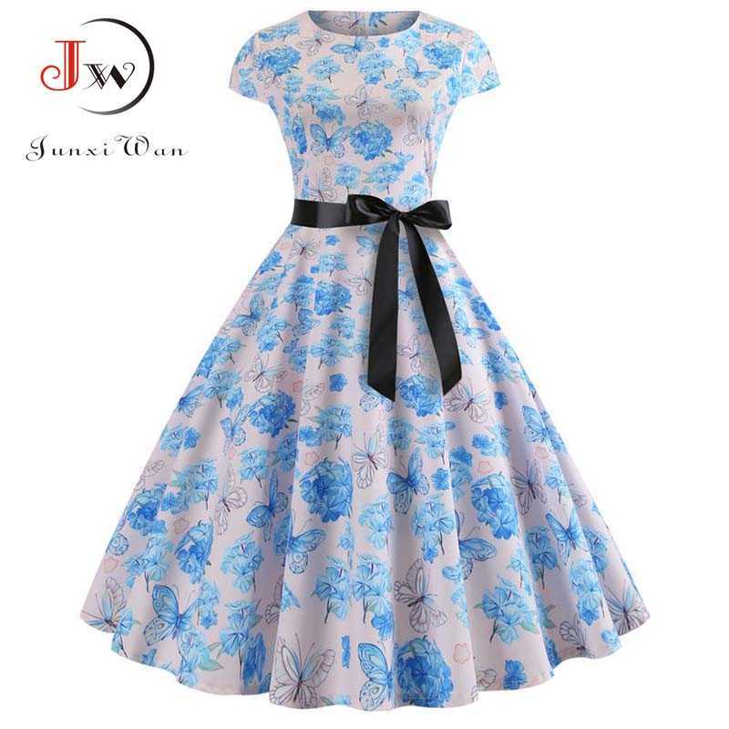 Women Vintage Dress Summer Floral Print Short Sleeve Dresses 50s 60s Office Party Rockabilly Swing Retro Pinup Plus Size 210623