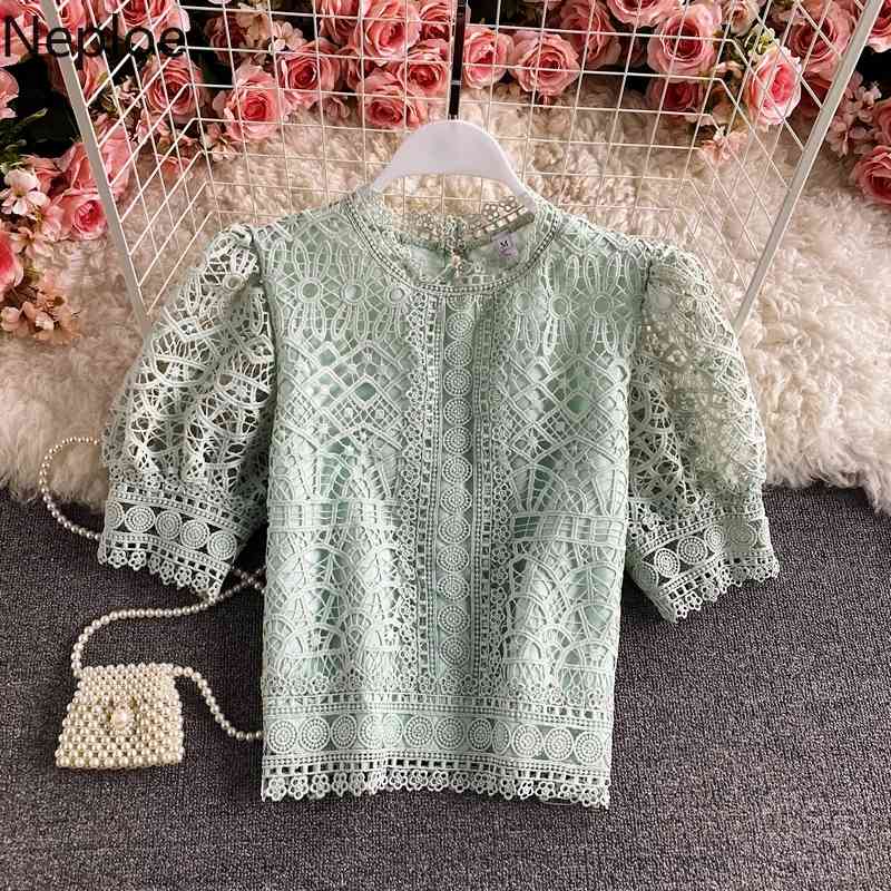Neploe Blusas Mujer De Moda Vintage Puff Sleeve Blouses Hollow Out Crochet Floral Crop Tops Korean Summer Elegant Shirts 210422