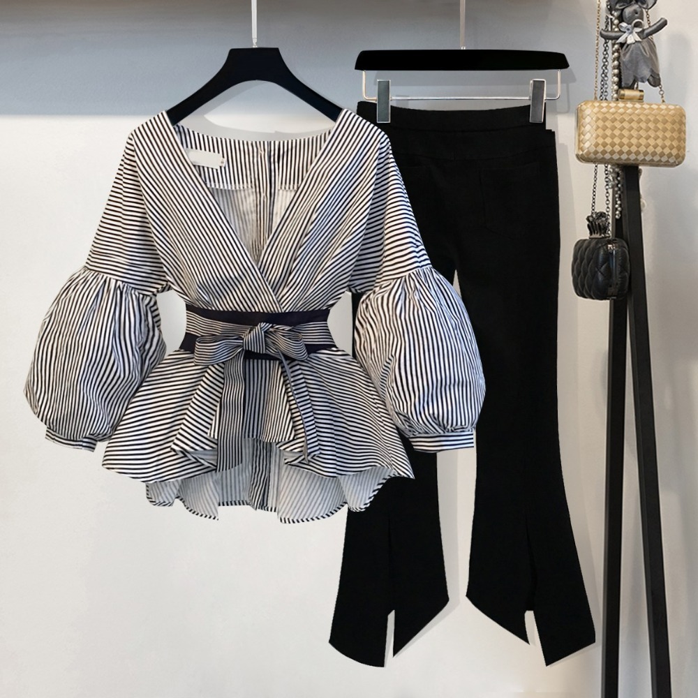 S-3XL Elegant OL Casual Blouse Women Autumn New Lantern Sleeve Sashes Bow V-neck Striped/White Shirt blusas mujer de moda 210317