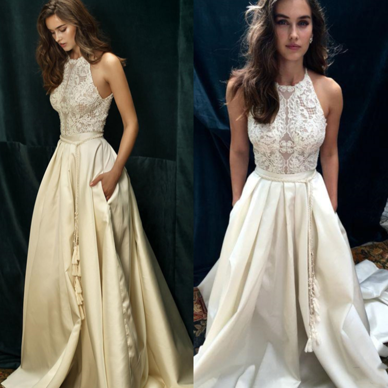 Elegant Boho Beach Wedding Dresses Bridal Gowns 2022 A Line Court Train Halter Lace Appliques Illusion Bodice Long Bohemian Bride Formal Dress With Po
