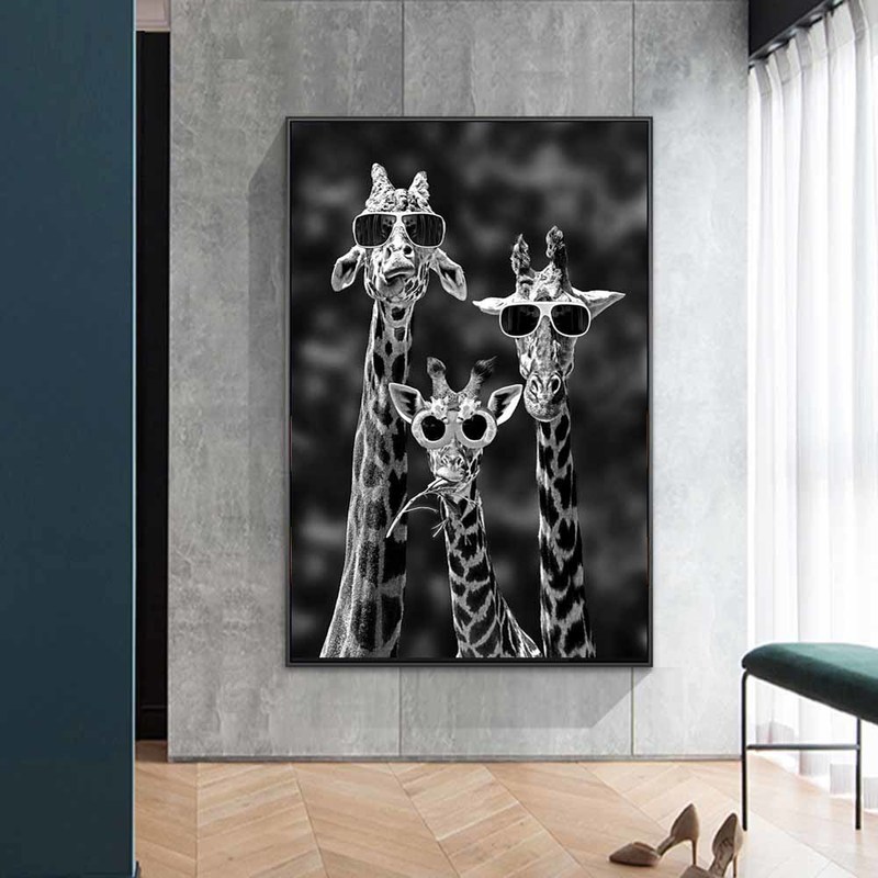 Giraffes with Sunglasses Funny Art Posters And Prints Black And White Animals Canvas Paintings on the Wall Art Pictures Cuadros