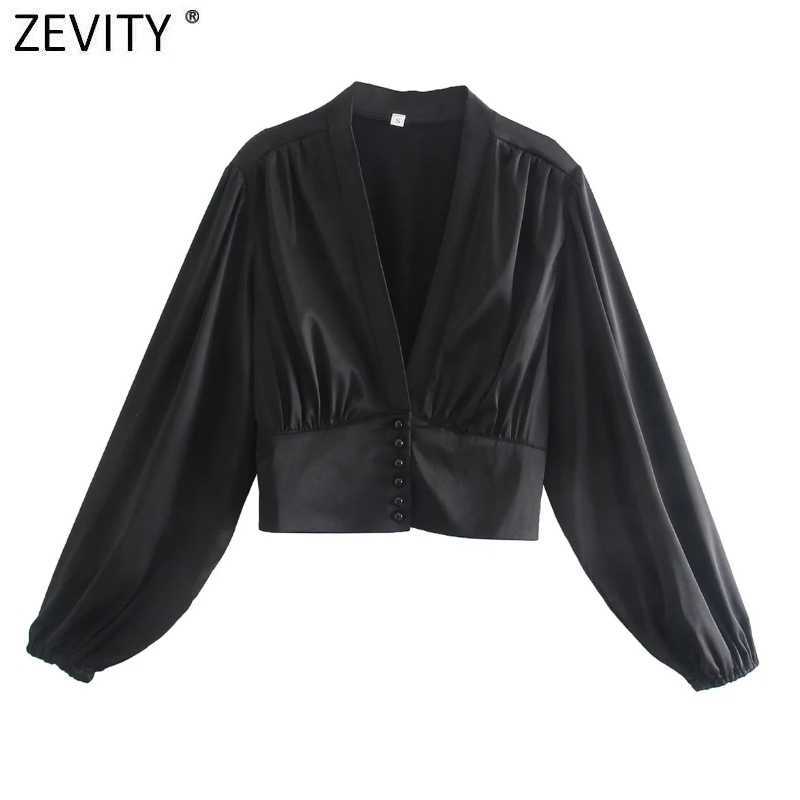 Zevity Women V Neck Black White Color Short Smock Blouse Female Lantern Sleeve Slim Court Shirts Chic Pearl Buttons Tops LS9268 210603
