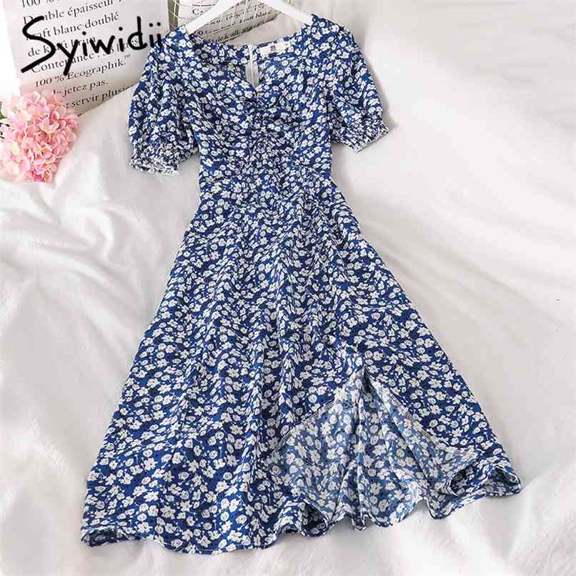 Floral Print Blue Long Dress for Women Summer Fashion Back Zipper Short Puff Sleeve V Neck Slit Midi Dresses 210607
Floral Print Blue Long Dress for Women Summer Fashion Back Zipper Short Puff Sleeve V Neck Slit Midi Dresses 210607