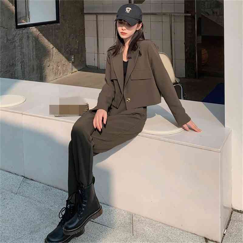 2 Piece Sets Womens Outfits Ladies Office Notched Collar Long sleeve Sexy Short Blazer Coat and High Waist Pants Suit 210519