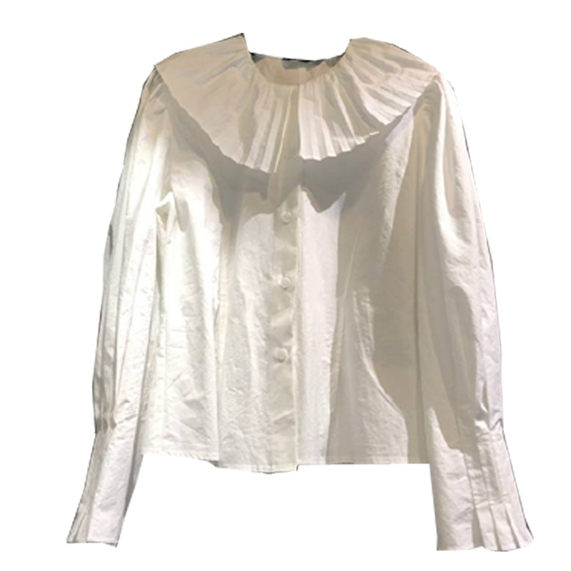 Nomikuma Korean Pleated Peter Pan Collar Women Shirts Flare Long Sleeve Causal Blouse Autumn Winter New Blusas Mujer 6D152 210427