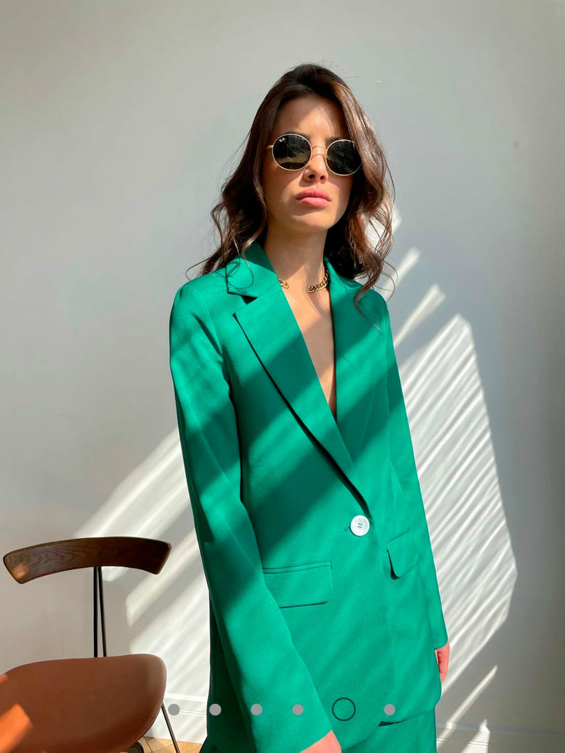 Leisur Green Celebrity Women Blazer Pants Suits Loose Office Lady Formal Party Prom Jacket Red Carpet Outfit Coat(Jacket+Pants)