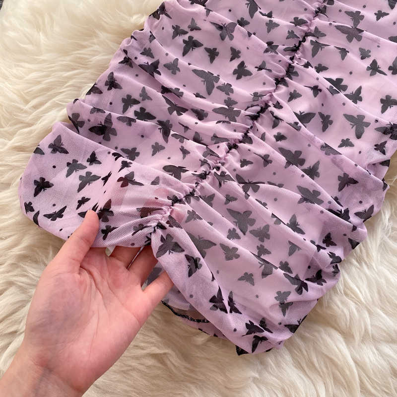 DEAT Women printing lace Dress square collar Short sleeve Arrivals Lady Sexy Fashion Spring Summer 11D242 210709