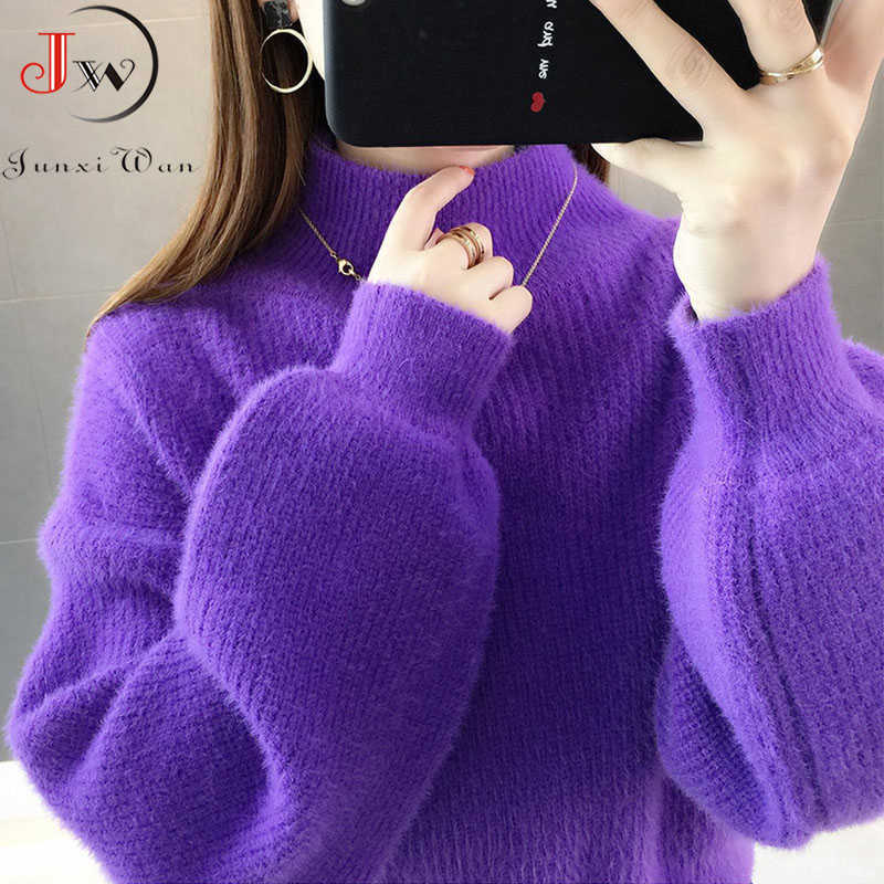 Thick Mohair Women Sweaters Turtleneck Soft Lantern Sleeve Short Pullovers Fashion Autumn Winter Sweater Solid Jumpers 211007