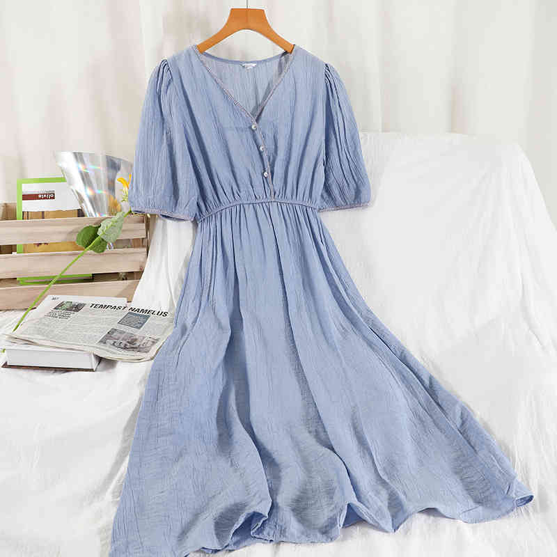 LoveFlowerLife Summer Casual Solid Sweet Dress A Line V Neck Single Breasted High Waist Mid-Calf Women Dresses 210521