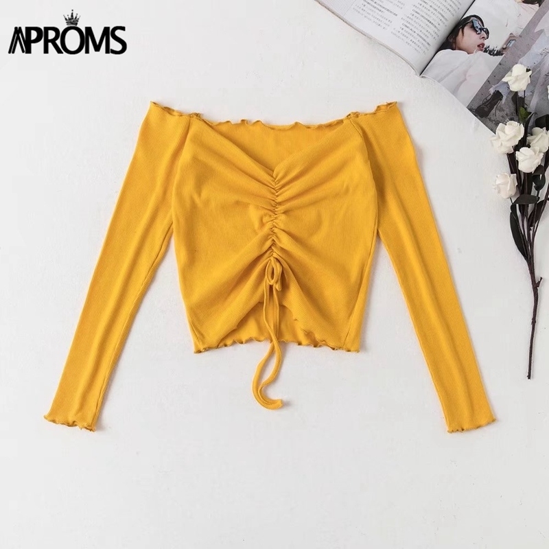 Aproms Ribbed Off Shoulder Drawstring Tie T Shirt Women Long Sleeve Short Tshirt Summer Casual Crop Top Female Tee Tshirts 210322