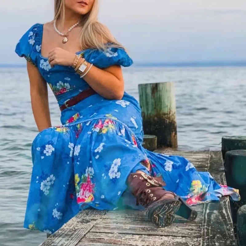 Square Collar Chinese Floral Print Pink Maxi Chiffon Dress for Women Summer Boho Beach Holiday Blue Long 210427