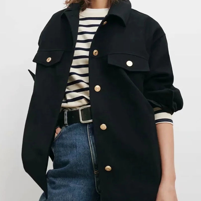 Women Fashion Simplicity Black Chest Pocket Decoration Jacket Female Single-Breasted Lapel Long Sleeve Coat Chic Top 210520