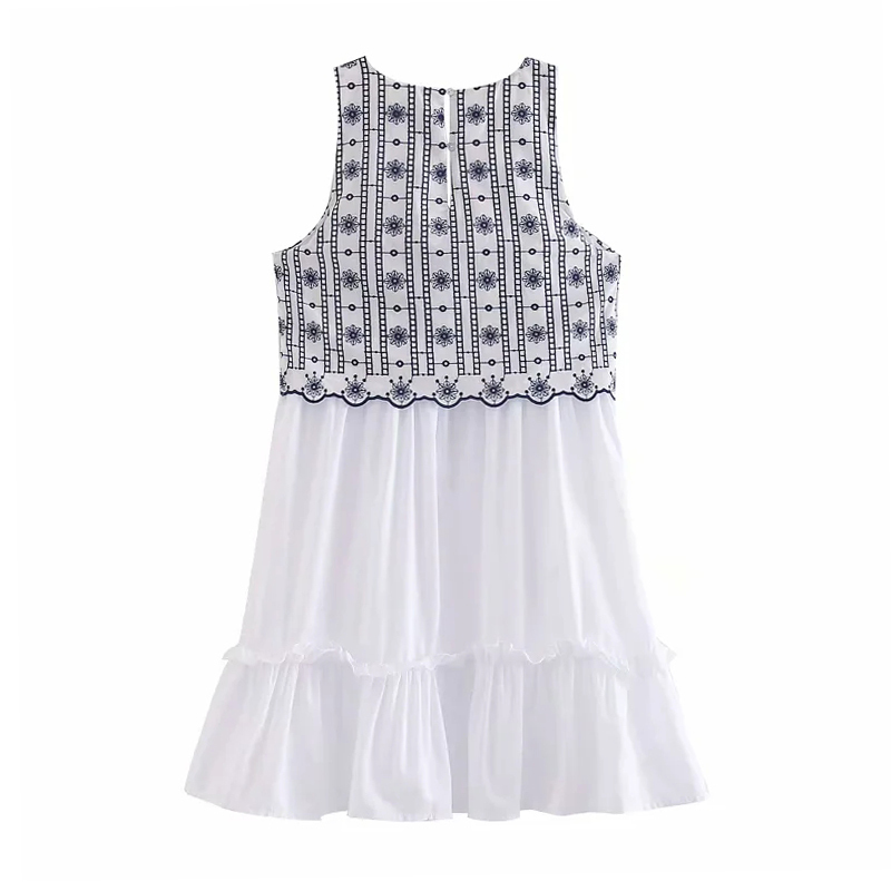 Women Fashion Patchwork Embroidery Mini Dresses Summer Sleeveless Ruffle Cotton Dress Vintage O Neck Casual Sundress 210515