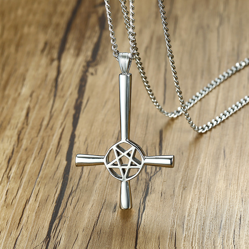 Black Silver Gold Inverted Five-pointed Star Cross Necklace Stainless Steel Fashion Lucifer Satan Symbol Pendant 24 inch