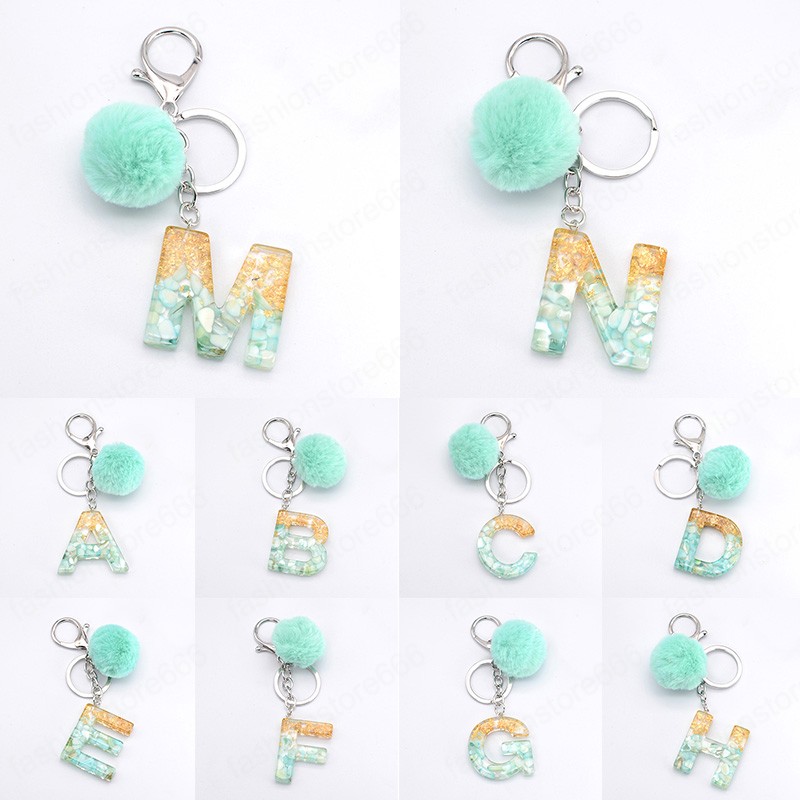 Blue Pompom Letter Keychain English Words Keyring with Fur Ball Glitter Gradient Color Resin Crafts Handbag Charms