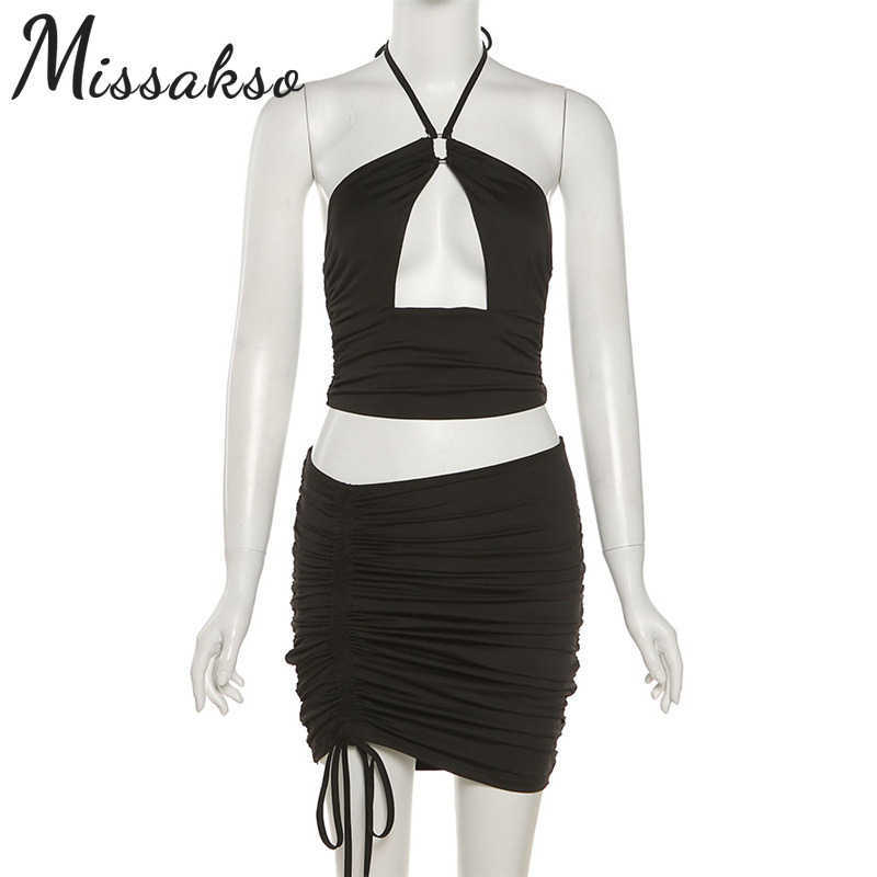 Missakso Cut Out Halter Backless Crop Top and Ruched Drawstring Sexy Skirt Party Club Summer Women Two Piece Set Outfit 210625wtt