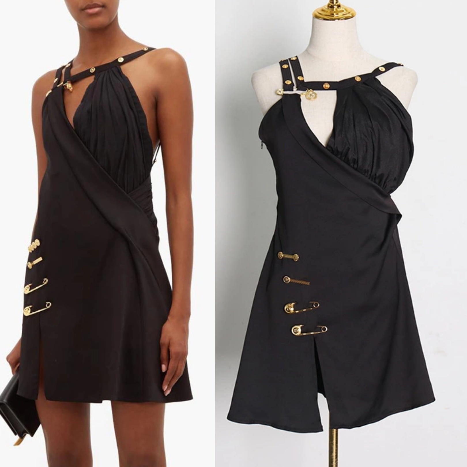 European and American stars in the same sexy dress with split stitching pin decoration, Black
European and American stars in the same sexy dress with split stitching pin decoration, Black