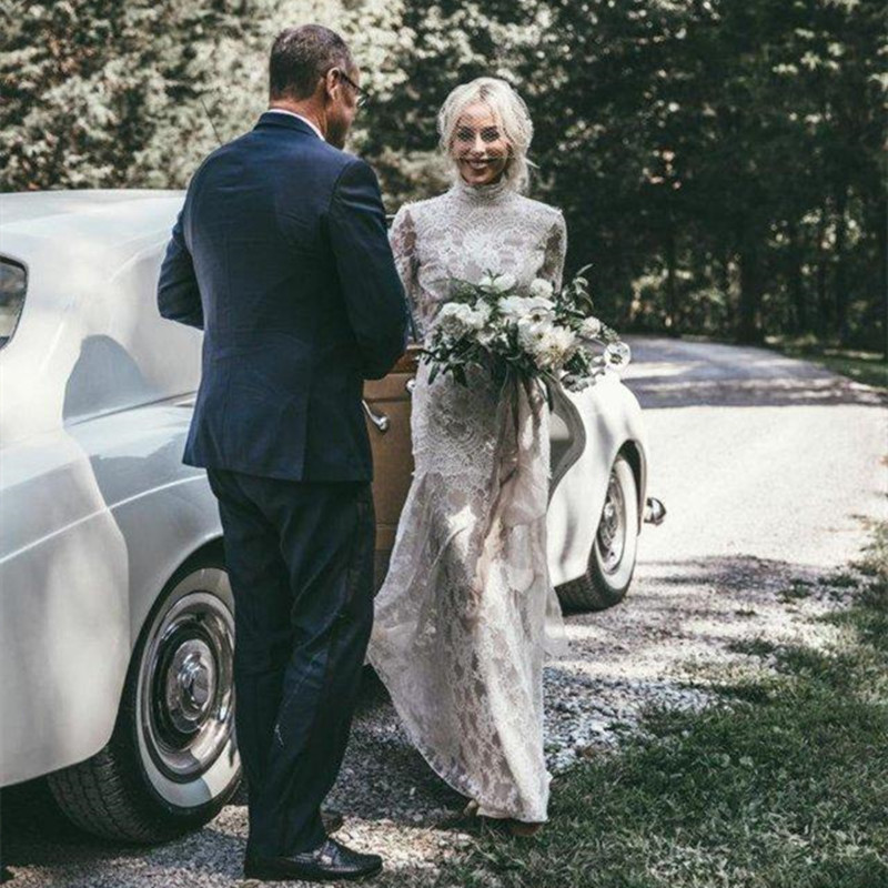 Vintage High Collar Lace Mermaid Wedding Dresses Bridal Gowns 2022 Sexy Backless Buttons Long Sleeves Boho Beach Bride Dress Custom Made