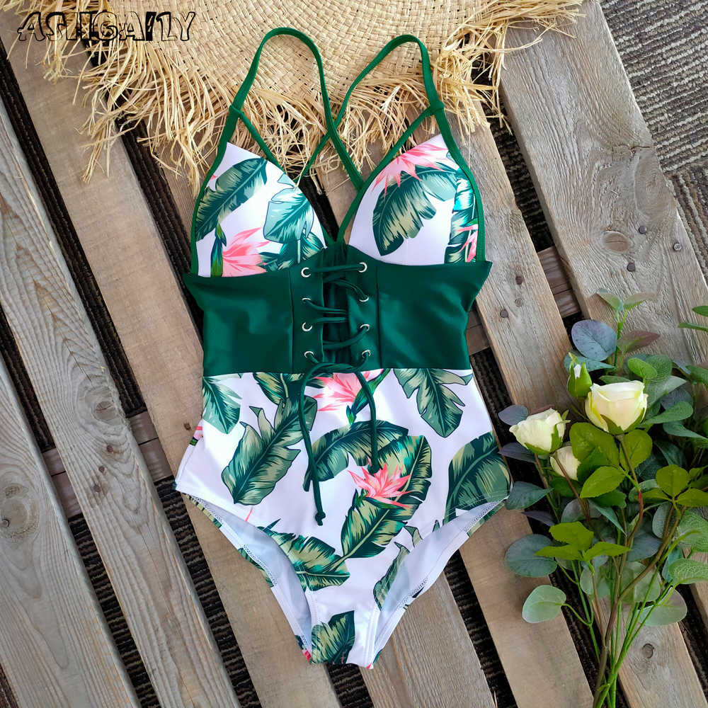 Abdomen Control Wasit Push Up Swimsuit Print Swimwear Vintage Retro Bathing Suits Bodysuit Beach Wear Backless 210611