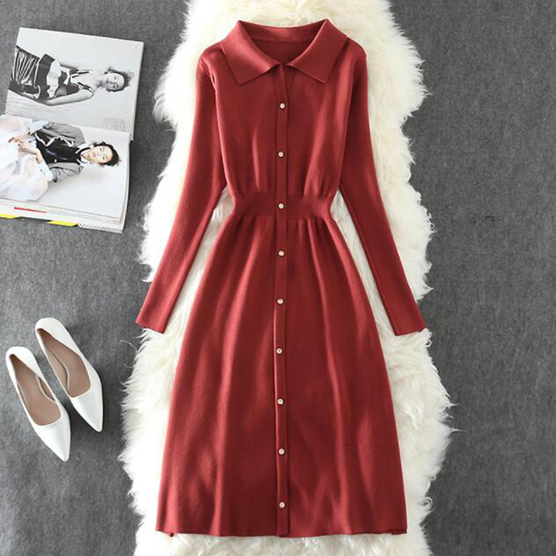 Women Kintted Dresses Fashion Arrival Long Sleeve A-line Midi Dress Women Casual Single-breasted Sweater Dress 210521