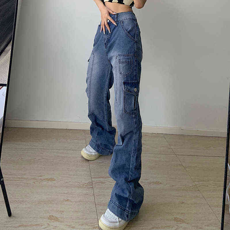 Weekeep Streetwear Women High Waist Y2k Jeans Wide Leg Pocket Patchwork Baggy Cargo Pants Oversize Casual Vintage Denim Trousers 211129