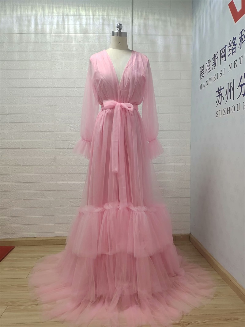 Real Image Pink Ruffles Evening Dresses Long Pregnant Wedding Robe Sleepwear Soft Chiffon A-line Puffy Tulle Dress Maternity Photoshoot Vestido