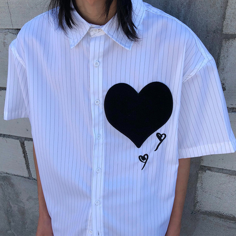 IEFB Men's High Street Love Embroidery High-grade Short Sleeve Shirt Summer Fashion White Striped Shirt Couple 9Y5507 210524