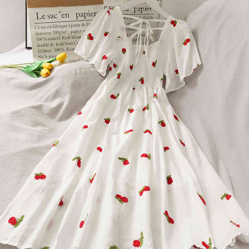 Summer A-line Sweet Floral Dress Women Short Puff Sleeve Maxi White Square Collar Beach Party es 14547 210506