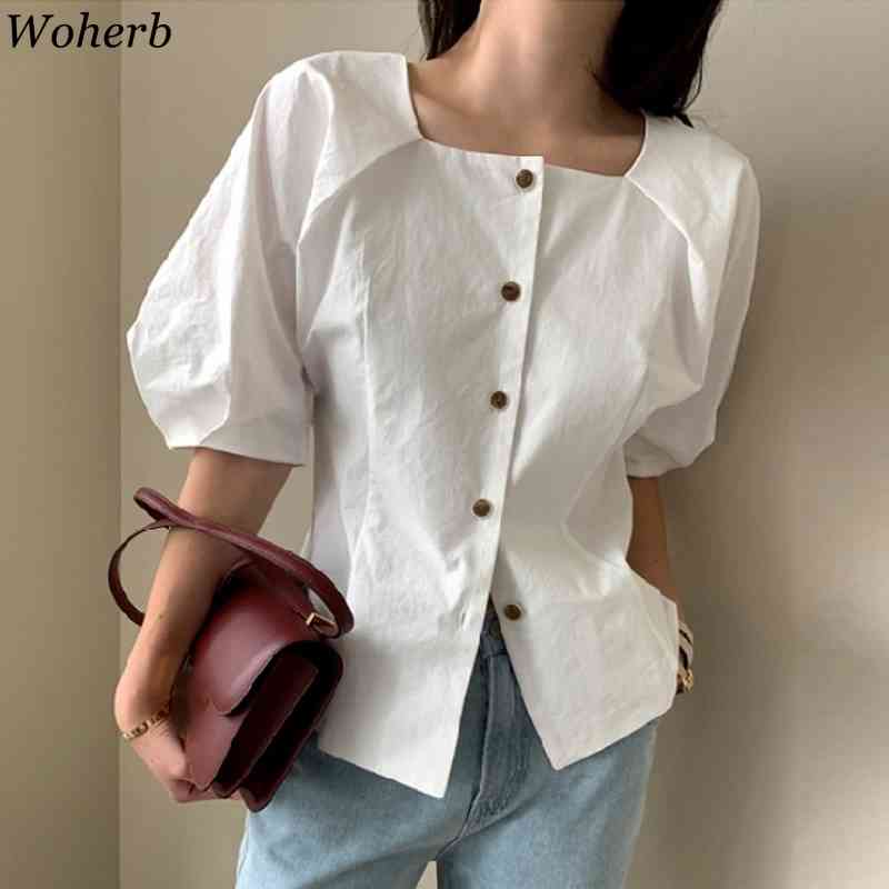 Square Collar Loose Office Lady Shirts Stylish Short Puff Sleeve Girls Single-breasted Blusas Femme Casual OL Blouse 210519