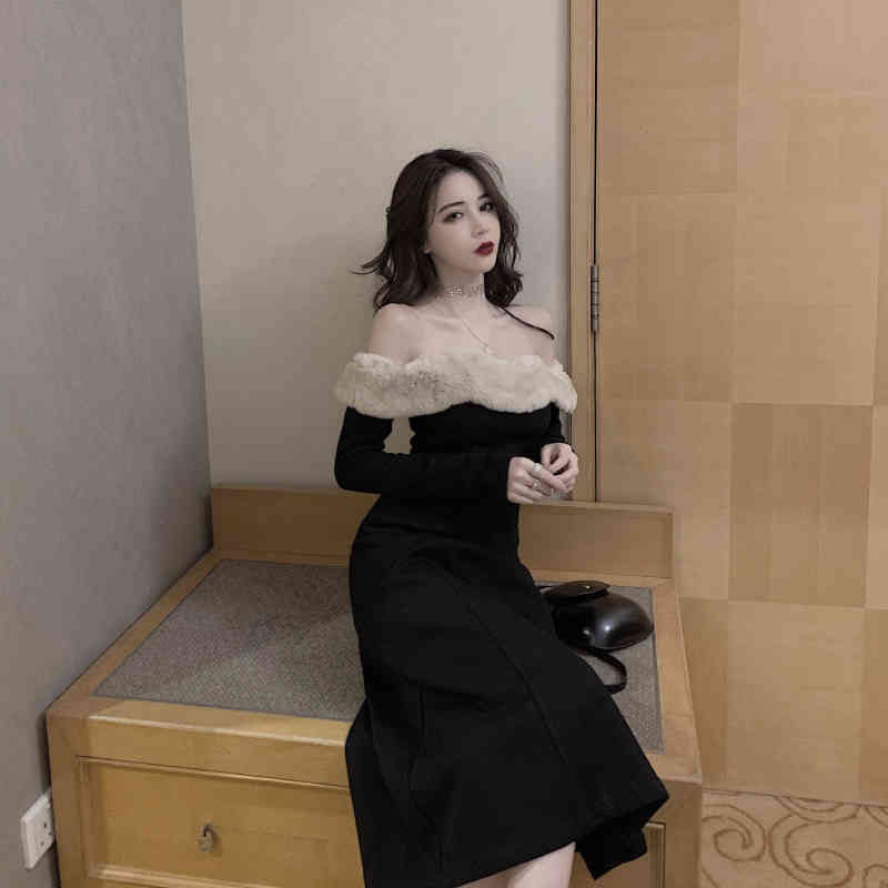 Elegant Vintage Dress Women Long Sleeve Sexy Fur Collar Evening Party Black Dress Female Dress Korean Autumn Chic 210521