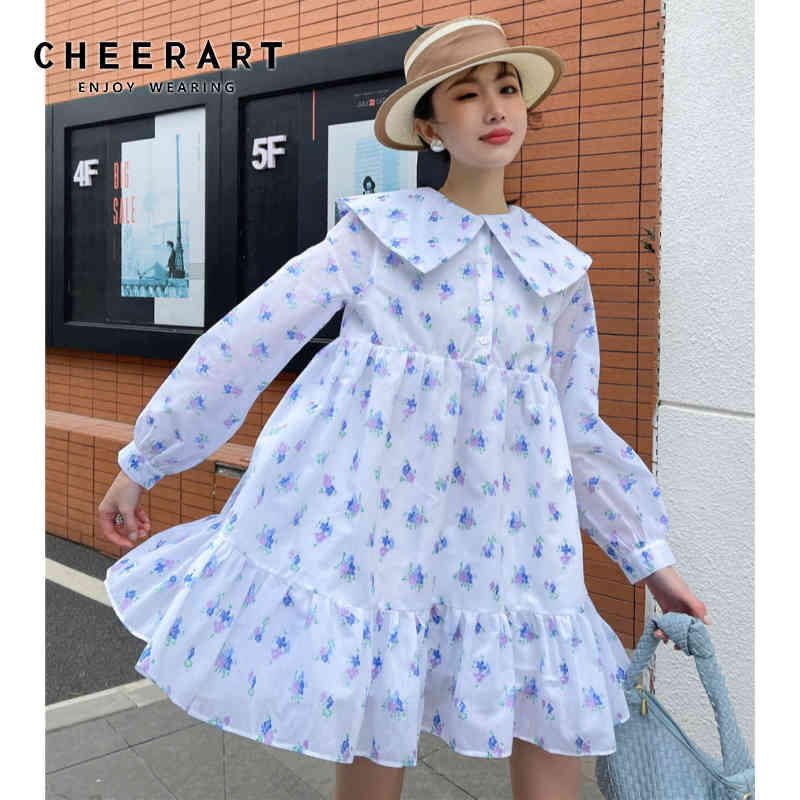 Spring Long Sleeve Cute Korean Dress Women White Floral Print Ruffle Lantern A Line Kawaii Clothes 210427