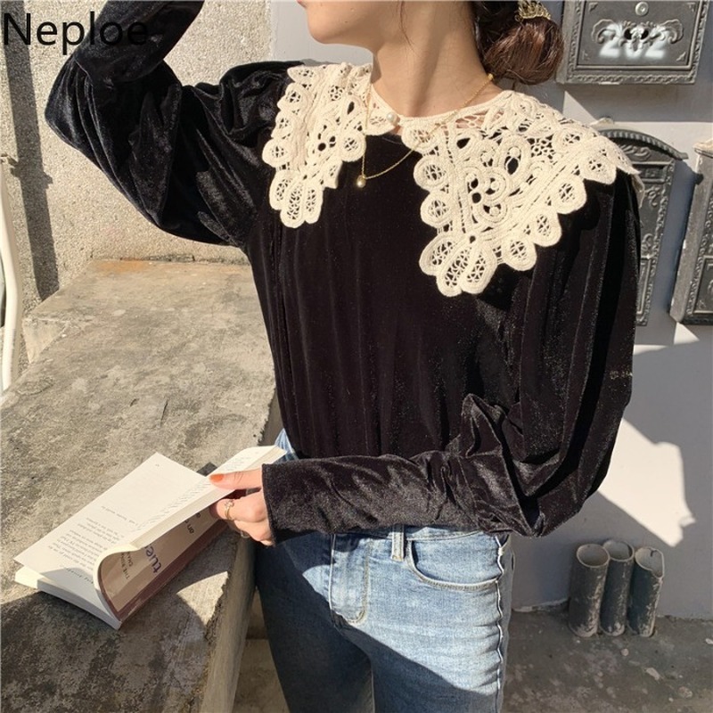 Neploe Blusas Mujer De Moda Korean Vintage Lantern Sleeve Shirts Tops Peter Pan Collar Detachable Velvet Blouses Women 210422