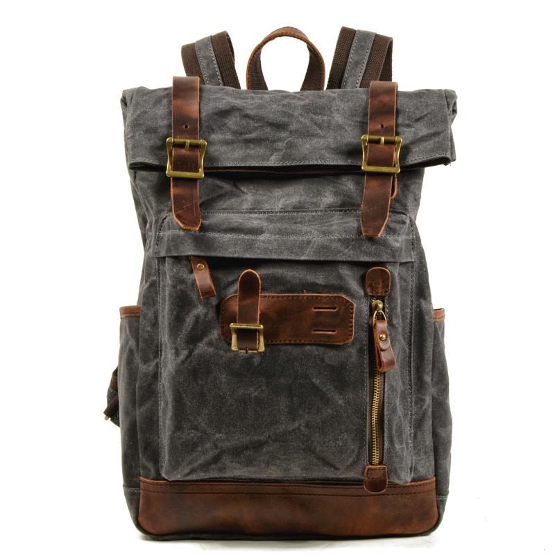 Vintage Laptop Rucksack For Men Canvas Leather Backpack College School Bookbag Weekend Travel Daypack