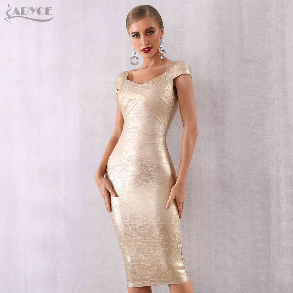 ADYCE New Summer Gold Bandage Dress Women Vestido Sexy Short Sleeve Bodycon Club Dress Midi Celebrity Evening Party Dresses 210329