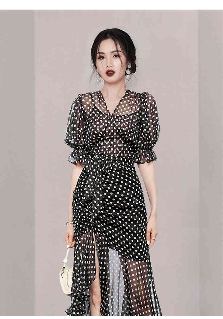 Vintage V-Neck Polka Dot Printed Chiffon Drawstring Midi Dress Women Elegant High Waist Slim Ruffle Vestidos Fashion Summer 210519