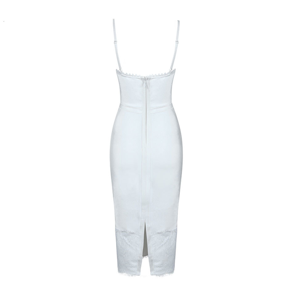 Women's Bandage Dresses White Sexy Sling V-neck Halter Bodycon Lace Patchwork Celebrity Club Party Vestidos 210524