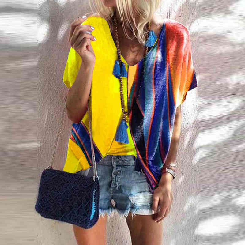 Women Fashion Print T Shirt Summer V-Neck Loose Tops Casual Streetewear Ladies Oversized T-Shirts Tee Top Plus Size 5XL 210515