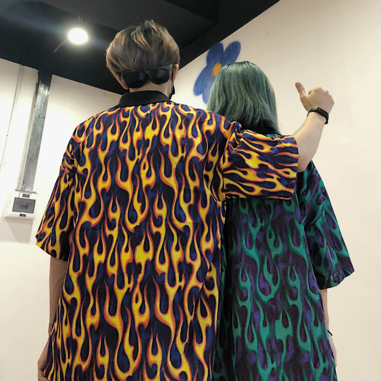 Woherb Streetwear Flame Print Women Men Blouse Shirts Summer Short Sleeve Turn Down Collar Hit Color Loose Harajuku Blusas 210317