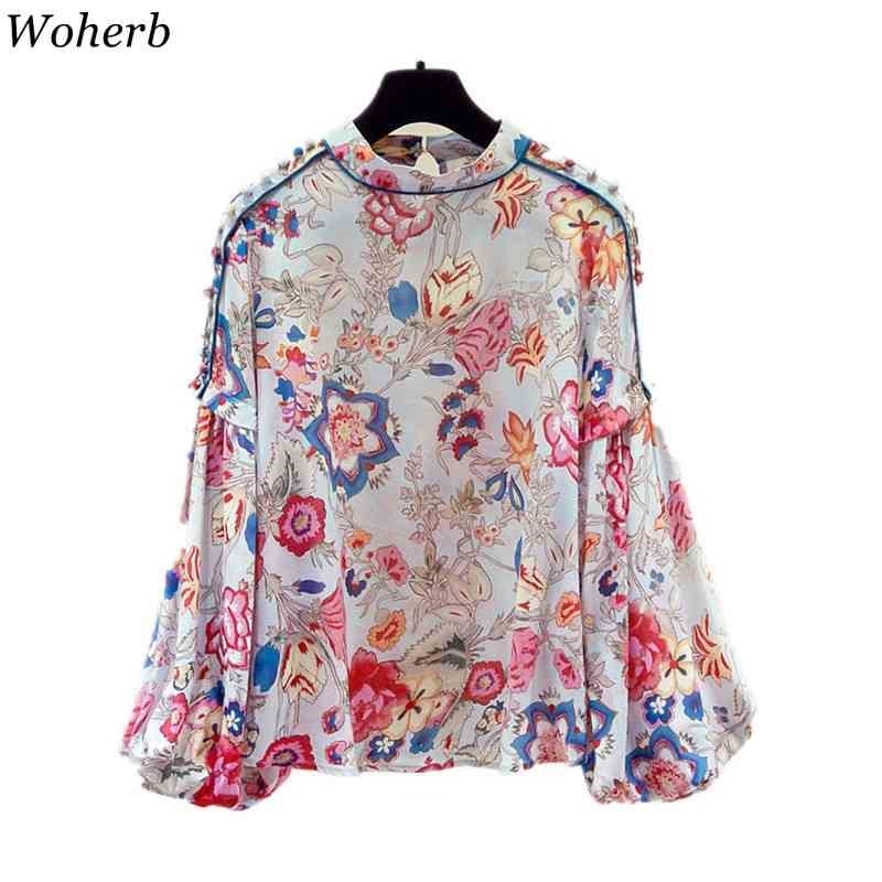 Elegant Floral Blouse Women Shirts Summer Stand Collar Long Lantern Sleeve Blusas Ladies Casual All Match Blouses 210519