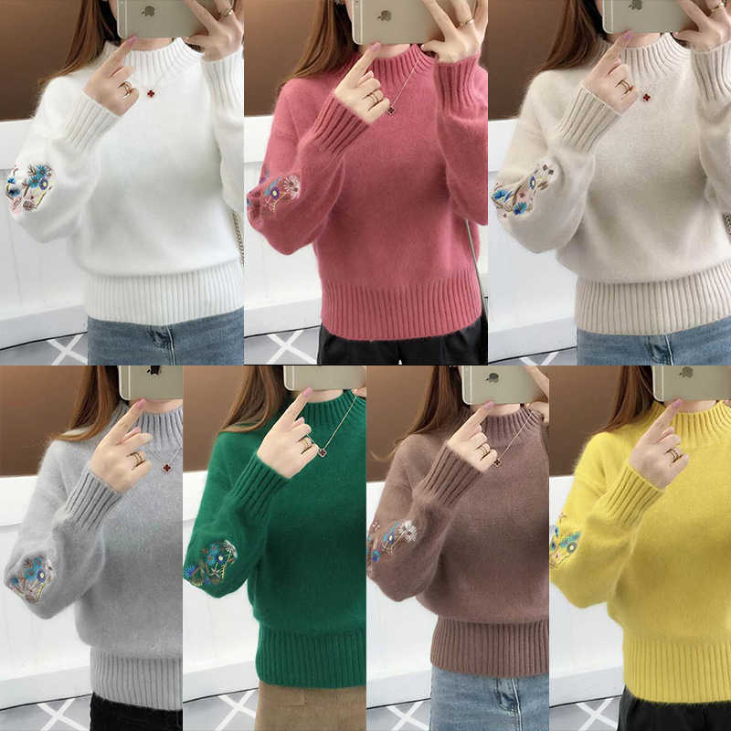 SURMIITRO Korean Women Turtleneck Autumn Winter Knitted Embroidery Jumper Women Sweaters And Pullovers Female Knitwear 210712wtt
