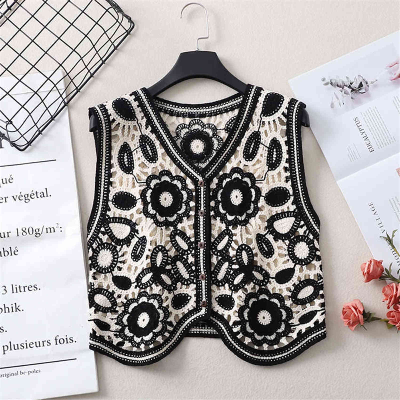 Floral Crochet Knitted Vest Women Summer Autumn Womens Retro Sleeveless Jacket Cardigan Boho Bohemian Embroidery Waistcoat 211120