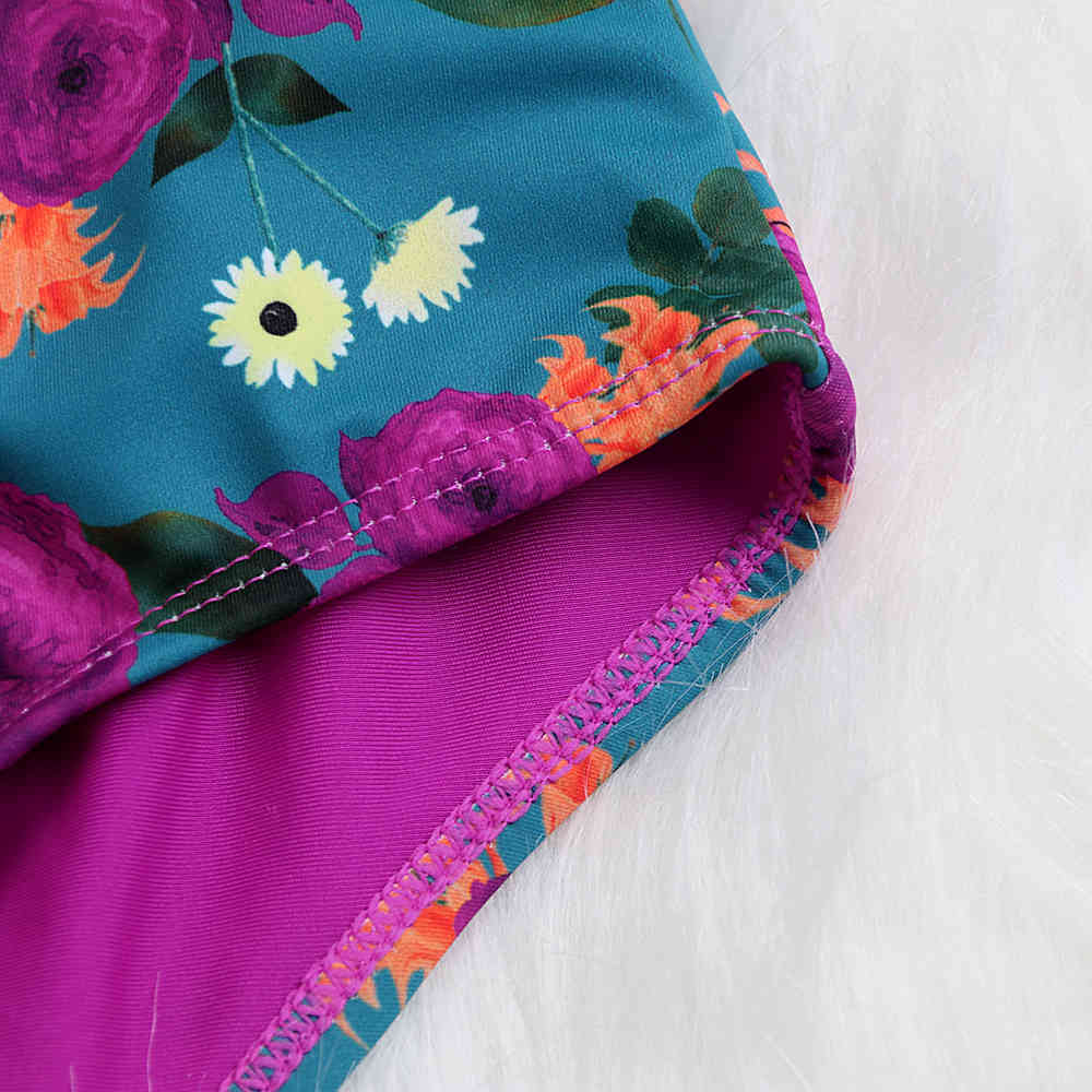 Sexy Ruffle Floral Print Swimsuit Off The Shoulder Swimwear Women Solid Deep-V Beachwear Bathing Suit 210515