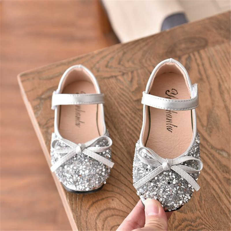 2021 spring new fashion girls' shoes princess shoes bowknot Sequin soft sole antiskid children's performance shoes X0703