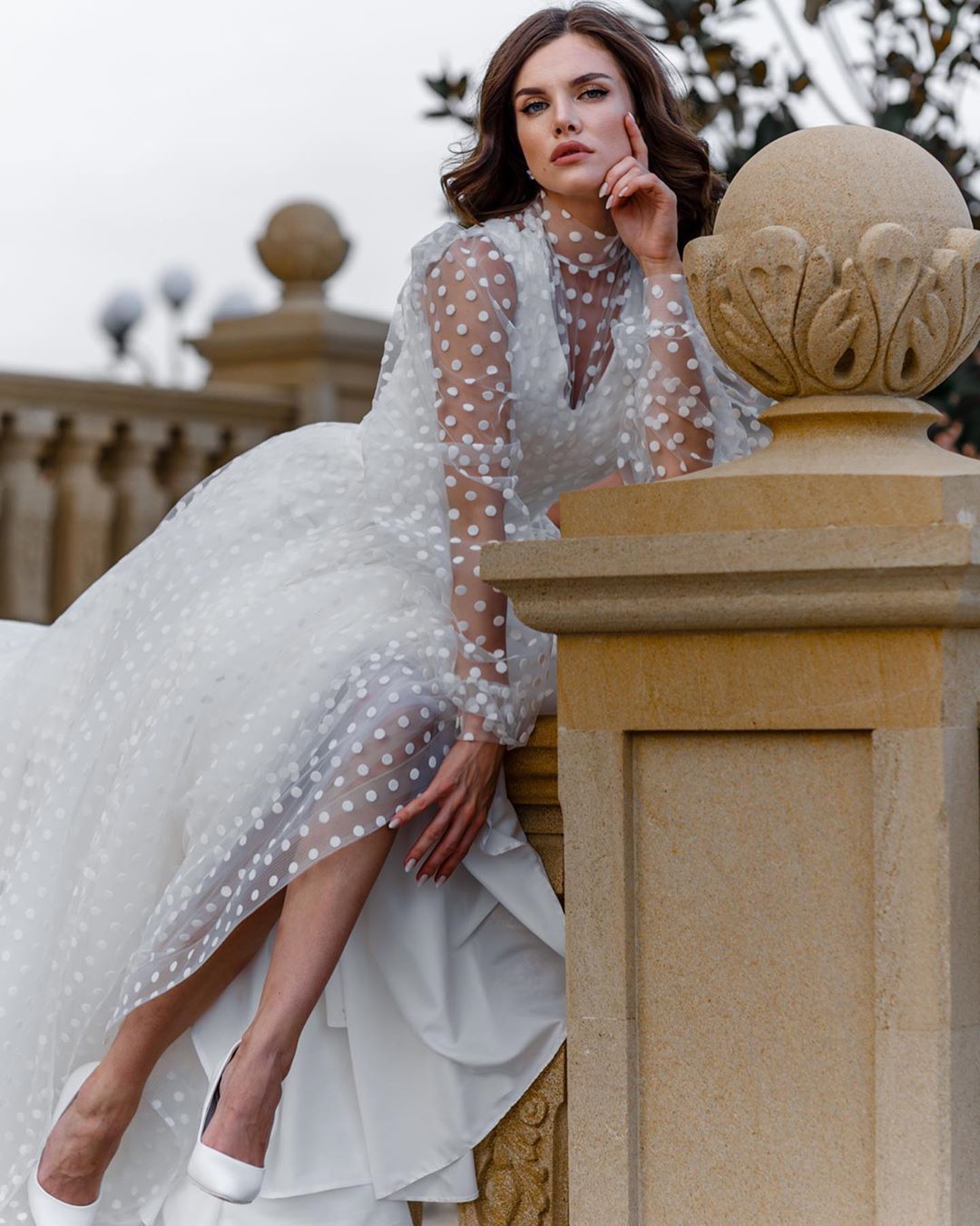 Women Dress Perspective Mesh Dot Print Puff Sleeve Maxi es High Waist Big Swing Vintage es Spring 210524