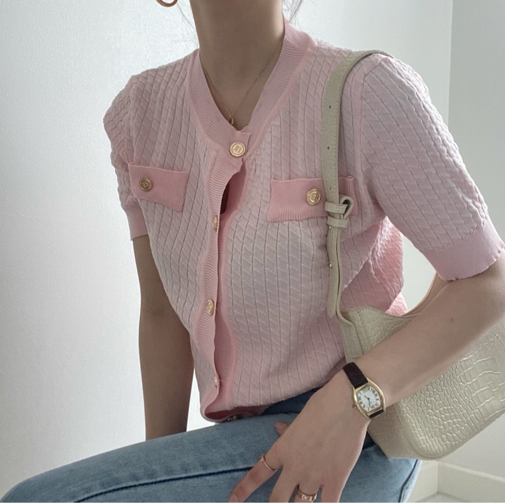 Vintage Korean Knitted Cardigan Tops Women Summer Short Sleeve Single-breasted O-neck Buttons Sweater Elegant Sweet Jumpers 210514