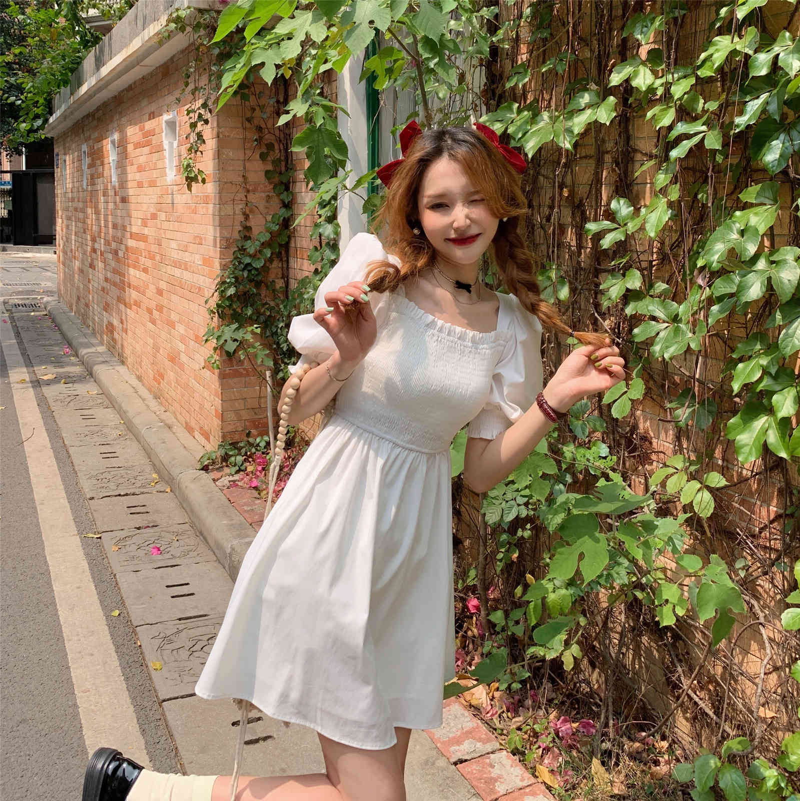 Summer Women Elegant Puff Sleeve Korean Style Sweet Dress Vintage Chiffon High Waist Casual Slim Party Female Vestido 210519