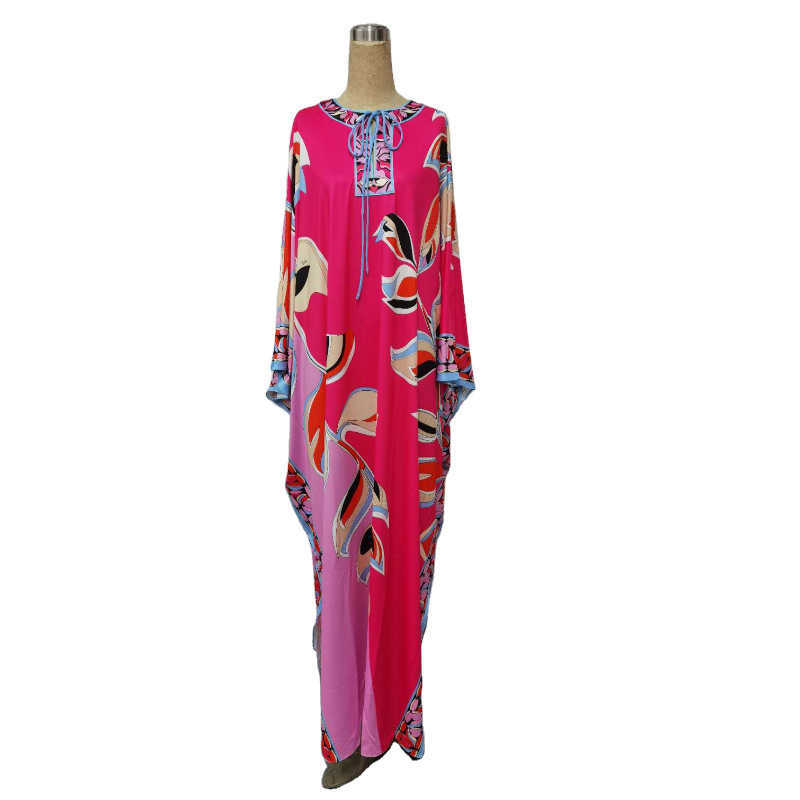 Autumn Plus Size Loose Print Big Swing O-Neck Batwing Sleeve Ankle-Length Dresses Women 210615Z